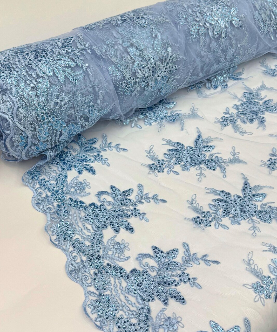 Baby Blue Sequin Embroidered Lace Fabric by the Yard, 54" Wide Floral Mesh Lace with Double Scalloped Edges